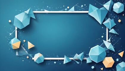 Abstract blue background frame containing various geometric shapes. Triangles, hexagons, kites, dots, particles, and molecular structures. Poster for product display.