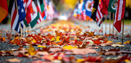 Wall Mural - flags and autumn leaves intermingle at a veterans day parade, enhancing the natural ambiance.