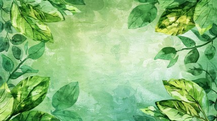 Wall Mural - A watercolor background featuring vibrant green leaves in various shades and shapes, copy space
