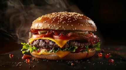 Wall Mural - Delicious cheeseburger with fresh ingredients and a juicy patty served on a sesame bun