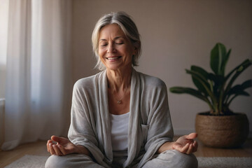 Senior woman practicing yoga in lotus, doing meditation at home in cozy room, smiling, leading active and healthy lifestyle. Retirement leisure activity, wellness, menatl health for elderly people.
