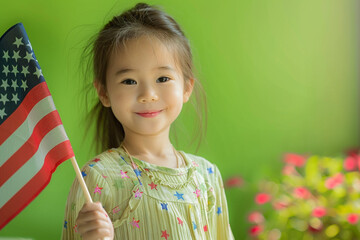 Wall Mural - full-length portrait of a little girl holding a usa flag on a bright green background, conveying mem