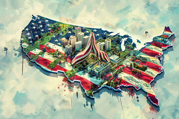 Wall Mural - praying soldier silhouette formed from an american flag in digital art, set against a bustling silic