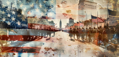 Wall Mural - patriotic tribute: double exposure effect shows flags superimposed over historical images from past 