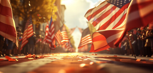 Wall Mural - animated-style veterans day parade illustration highlighting the dynamic motion of flags.