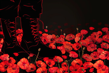 Wall Mural - a memorial day vector design showing soldier's boots silhouetted against a red poppy field, a tribut
