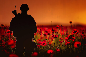 Wall Mural - touching memorial day vector image of soldier's equipment silhouette with a poppy field backdrop.