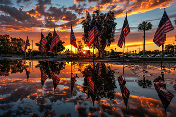 Wall Mural - sunset reflections of flags in a veteran's memorial pond, memorial day in los angeles, offering a pe