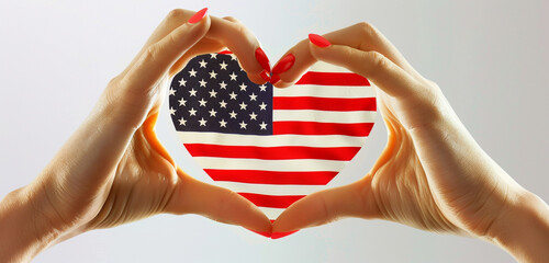 Wall Mural - hands artistically framing a heart around a us flag, on a blank canvas.