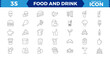 © MDSalim - Food and Drink Line Editable Icons set. pixel Perfect in thin line style of nutrition related icons: vegetables, fruits, desserts, meat, baked goods, drinks, and more. Isolated on white.