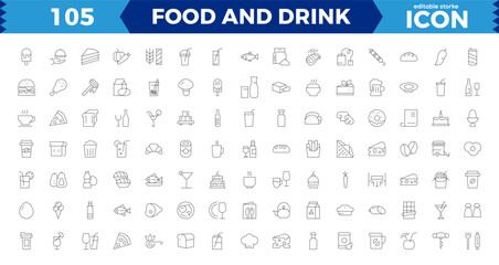 food and drink line editable icons set. pixel perfect in thin line style of nutrition related icons: