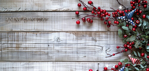 Wall Mural - memorial day text and patriotic berries over a whitewashed wood background.