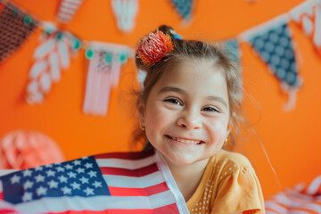 Wall Mural - joyful girl giggling with a usa flag against a vibrant orange background.