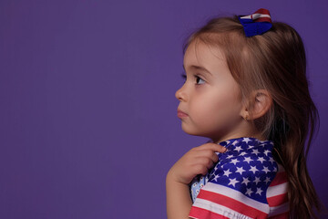 Wall Mural - little girl holding a usa flag to her chest, on a violet background, side view.
