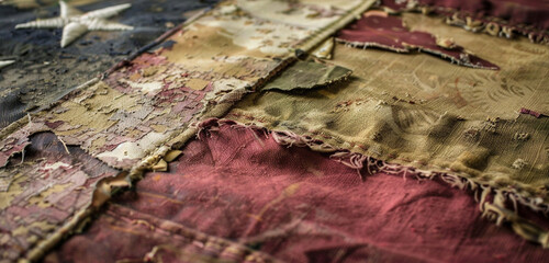 Wall Mural - close-up of worn and weathered flag at veterans day parade, resilience story.