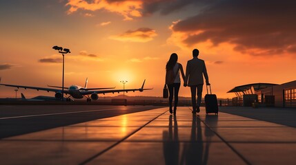 Wall Mural - couple walking to a plane, couple at the airport with sunset in the background