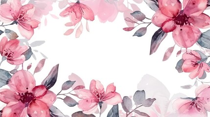 Wall Mural - Watercolor illustration of a pink floral frame on a white background, copy space