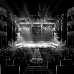 Create a detailed sketch of the interior of an empty theatre. The perspective should be from the audience looking towards the stage. Include the seats, stage, and balcony.