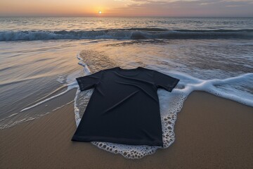 Wall Mural - A black t-shirt lying flat on a sandy beach, with waves gently approaching it, captured during a serene sunset. 32k, full ultra HD, high resolution