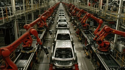 Aufkleber - A line of robots are working on cars in a factory