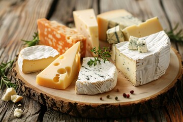 Assortment of cheese on wooden table, closeup. Dairy products. Cheese Selection. Large assortment of international cheese specialities.