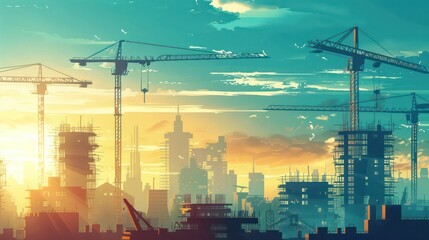 Poster - A city skyline with cranes and a sunset in the background