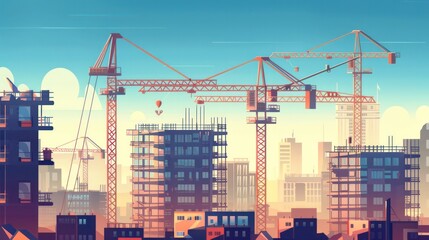 Poster - A city skyline with a large crane in the middle
