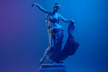 Wall Mural - 3d rendering of ancient greek -roman musician statue dancing . Creative concept colorful neon image with vivid cobalt blue color background, fashionable, trendy ,isolated background