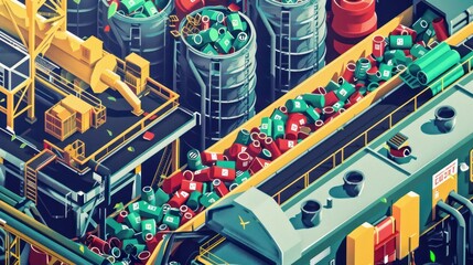 Poster - A cartoonish drawing of a factory with a conveyor belt of trash