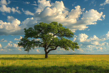 Lone oak tree in a grassy field under a blue sky with fluffy clouds during a sunny day