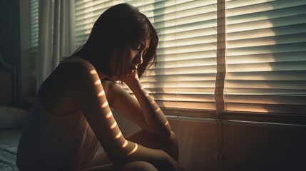 Wall Mural - A Domestic violence: Asian woman sitting depressed alone in bedroom Feeling sad and disappointed in love In a dark bedroom and sunlight from the window coming through the blinds.