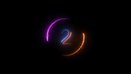 Wall Mural - Abstract countdown two number, orange and royal blue color, neon light illustration. Black background orange and magenta circle 4k illustration.	
