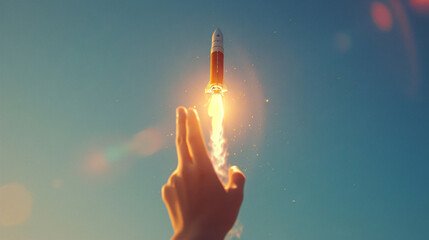 Poster - against a clean, uncluttered backdrop, a woman's hand releases a space rocket into the atmosphere, r