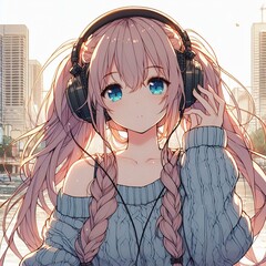 Anime illustration of a Girl wearing headphone