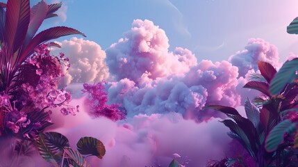 Sticker - Advertisement - testimonial photo featuring a dreamy landscape of pink, blue, and purple clouds with aesthetic plants