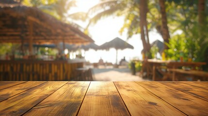 Empty Wooden Table With Copy Space Overlooking a Tropical Beach Bar