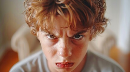 An angry young boy in a grey shirt is making direct eye contact with the camera