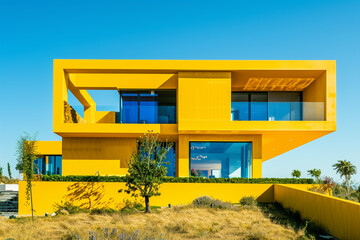 Wall Mural - Contemporary luxury house with a bright yellow facade, featuring a modern landscape and a clear blue sky in the background. Full front view in summer.