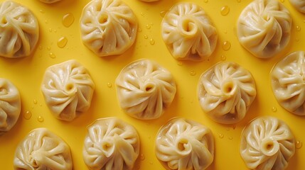 Wall Mural - Many dumplings in the shape of water drops on a yellow background