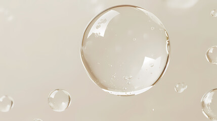 Wall Mural - Several transparent water droplets float on a beige background, with light and elegant bubbles