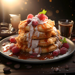 Wall Mural - Stack of pancakes with raspberries and chocolate on a wooden table