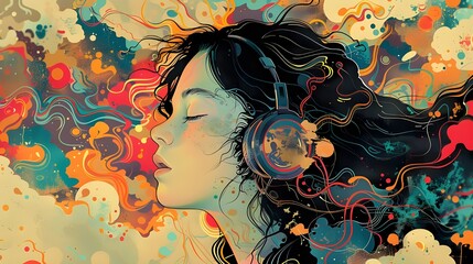 Wall Mural - Abstract Lofi anime girl with headphone listening music background, psychedelic 3d digital artwork. Contemporary modern design, surreal pop art graffiti landscape. lofi chill jazz hiphop streaming.