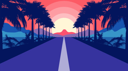 Road with palm trees and mountains in the background, flat synthwave art style. Road at sunset stretching into the distance, against the backdrop of the ocean or sea and mountains, palm trees.