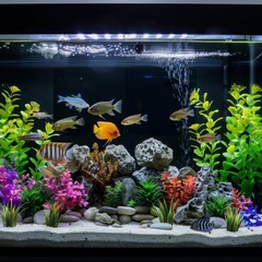 Wall Mural - A fish tank filled with vibrant fish and lush plants against a white background