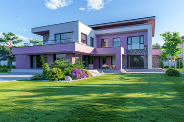 Wall Mural - Modern luxury house with a soft plum facade, boasting stylish design and a well-maintained front lawn. Full front view in a summer suburb.