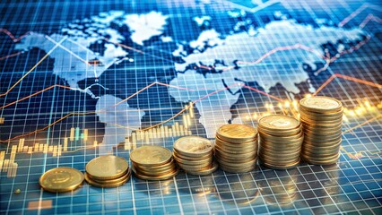 Wall Mural - Global Finance Concept with Coins on Currency Exchange Charts: An intricate setup with coins overlaid on currency exchange rate charts and global maps, symbolizing the complexities of international	
