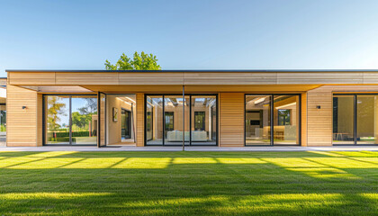 Wall Mural - Modern suburban house with a light brown wooden exterior, featuring large, open glass doors and a spacious front yard. Full front view during a summer day.