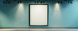 © Asad - Urban art gallery with one large blank poster in a stylish black frame, illuminated by spotlights on a pastel blue wall, for contemporary art exhibitions or artist features.