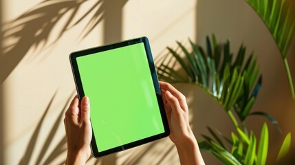 Poster - person's hands holding a sleek, modern tablet with a vibrant green mock-up screen, 