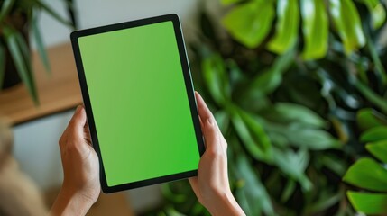 Poster - person's hands holding a sleek, modern tablet with a vibrant green mock-up screen, 
